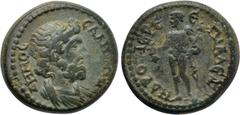 LYDIA. Sala. Pseudo-autonomous. Time of Trajan (98-117). Ae. Alexandros, hiereus. Obv: ΔΗΜΟС СΑΛΗΝΩΝ. Draped bust of Demos right. Rev: ЄΠΙ AΛЄΞANΔPOV IЄPЄ. Hermes standing left, holding purse and cadu