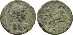 LYDIA. Sala. Pseudo-autonomous. Time of Trajan (98-117). Ae. Alexandros, hiereus. Obv: СΑΛΗΝΩΝ. Helmeted bust of Athena right, wearing aegis. Rev: ЄΠΙ AΛЄΞ IЄPЄΩC. Kybele seated left on throne, holdin