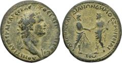LYDIA. Sardes. Domitian (81-96). Ae. 'Alliance' with Smyrna issue. Obv: ΔOMITIANOC KAICAP CЄBACTOC ΓЄPMANIKOC. Laureate bust right, wearing aegis. Rev: ΔHMOC CAPΔIANΩN ΔHMOC SMYPNAIΩN. Demos of Sardis