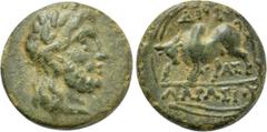 LYDIA. Tralles. Ae (3rd century BC). Obv: Laureate head of Zeus right. Rev: ΔΙΟΣ / ΛΑΡΑΣΙΟΥ. Bull butting left; ΑΣ below. SNG von Aulock -; SNG Copenhagen -; BMC -; Imhoof-Blumer, LS, p. 169, 3 = Webe