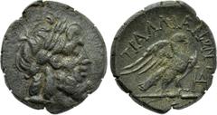 LYDIA. Tralles. Ae (2nd-1st centuries BC). Obv: Laureate head of Zeus right. Rev: ΤΡΑΛΛΙΑΝΩΝ. Eagle standing right on thunderbolt, with wings spread; monogram to right. SNG von Aulock -; cf. SNG Copen