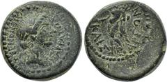 LYDIA. Tralles (as Caesarea). Vedius Pollio (Legate of Asia, circa 29/8-27 BC). Ae. Menandros, son of Parrhasios, magistrate. Obv: ΜΕΝΑΝΔΡΟΣ ΠΑΡΡΑΣΙΟΥ. Laureate head of Apollo right. Rev: ΚΑΙΣΑΡΕΩΝ. H