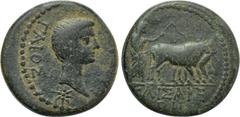 LYDIA. Tralles (as Caesarea). Caius (Caesar, 20 BC-4 AD). Ae. Obv: ΓΑΙΟΣ ΚΑΙΣΑΡ. Bare head right; star below. Rev: ΚΑΙΣΑΡΕΩΝ. Colonist plowing with yoke of oxen right. RPC I 2649; SNG von Aulock -; SN