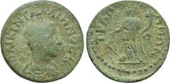 LYDIA. Tralles. Gallienus (253-268). Ae. Obv: ΠO ΛΙΚIN ΓAΛΛIHNOC K. Laureate, draped and cuirassed bust right. Rev: TPAΛΛIANΩN. Tyche standing left, holding rudder and cornucopia. SNG von Aulock 3300 