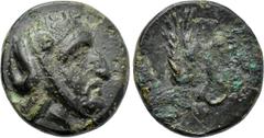 LYDIA. Autophradates (Satrap, 392-388 and 380-355 BC). Ae Chalkous. Obv: Bearded head right, wearing kyrbasia. Rev: OΛ. Monoskelis (or tamgha?); grain ear to left. Winzer 11.8. Condition: Near very fi