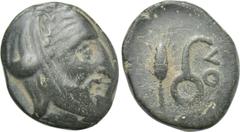 LYDIA. Autophradates (Satrap, 392-388 and 380-355 BC). Ae Chalkous. Obv: Bearded head right, wearing kyrbasia. Rev: OΛ. Monoskelis (or tamgha?); grain ear to left. Winzer 11.8. Condition: Near very fi