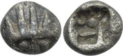 ASIA MINOR. Uncertain. Hemiobol (5th century BC). Obv: Facing head of lion, wearing radiate crown. Rev: Irregular incuse square punch. Cf. Rosen 395 (diobol); cf. Weber 4591 (same); cf. Klein 232 (sam