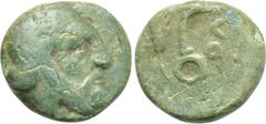 LYDIA. Uncertain. Autophradates (Satrap, 392-388 and 380-355 BC). Ae Chalkous. Obv: Bearded head right, wearing kyrbasia. Rev: O?. Monoskelis (or tamgha?); grain ear to left. Winzer 11.8. Condition: N