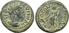 LYDIA. Apollonis. Pseudo-autonomous (3rd century). Ae. Obv: I?PA CVNK?H. Laureate and draped bust of the Senate right. Rev: A?O???NI???N. Tyche standing left, holding rudder and cornucopia. SNG Copenh