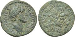 LYDIA. Hierocaesarea. Antoninus Pius (138-161). Ae. Obv: AV KAI T AI?IOC ANT?N?INOC. Laureate head right. Rev: ??AVKOC I?POKAICAP??N. River god Glaukos reclining left, holding reed and resting elbow u