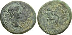 LYDIA. Philadelphia. Caligula (37-41). Ae. Artemon Hermogenous, magistrate. Obv: ????C KAICAP ??PMANIKOC N?OKAICAP??N. Laureate head right. Rev: ??PI??INA APT?M?N ??????NOYC. Agrippina I (as goddess) 