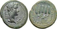 LYDIA. Philadelphia. Claudius (41-54). Ae. Obv: T K??????C ?????????C / KAICAP. Laureate head right. Rev: ???A??????N N?OKAICAP??N ?I?OM?N?YC. Five grain ears bundled together. RPC I 3034; BMC 56. An 