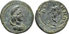 LYDIA. Saitta. Pseudo-autonomous (Time of Septimius Severus, 193-211). Ae. Obv: Draped bust of Mên right, wearing Phrygian cap. Rev: CAITTHN?N. Apollo standing left, with legs crossed. Lindgren I 789;