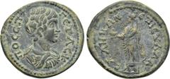 LYDIA. Sala. Geta (Caesar, 198-209). Ae. Sylla, magistrate. Obv: ?O C??T ??TAC K. Bareheaded, draped and cuirassed bust right. Rev: ??I CV??A CA?HN?N. Zeus Lydios standing left, holding eagle and scep
