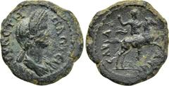 LYDIA. Sardis. Plotina (Augusta, 105-123). Ae. Obv: ???????? ???????. Draped bust right. Rev: ?????????. Pelops riding horse right, raising hand. RPC III 2397; SNG München 518. Condition: Near very fi