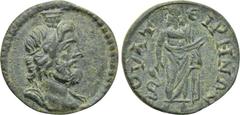 LYDIA. Thyatira. Pseudo-autonomous. Time of Septimius Severus (193-211). Ae. Obv: Draped bust of Serapis right, wearing calathus. Rev: ?VAT?IPHN?N. Asklepios standing facing, head left, leaning upon s