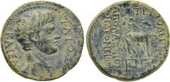 LYDIA. Tripolis. Gaius (Caesar, 1 BC-4 AD). Ae. Apollonios, son of Androneikos, magistrate. Obv: ?AIO? KAI?AP. Bare head right. Rev: A?O???NIO? AN?PONEIKOY / TPI?O?EIT?N. Figure on horse prancing righ