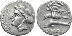 Greek Coins PAPHLAGONIA. Sinope. Drachm (Circa 330-300 BC). Agreos, magistrate. Obv: Head of nymph left, with hair in sakkos; aphlaston to left. Rev: AΓPEΩ / ΣINΩ. Sea-eagle standing left, with wings 