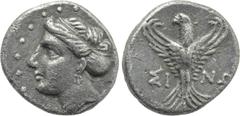 Greek Coins PAPHLAGONIA. Sinope. Hemidrachm (Circa 330-250 BC). Obv: Head of nymph left, with hair in sakkos. Rev: ΣI - NΩ. Eagle facing, head left, with wings spread. SNG BM Black Sea 1492; HGC 7, 39