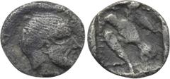 Greek Coins IONIA. Magnesia ad Maeandrum. Archepolis (Circa 459 BC). Tetartemorion. Obv: Diademed and bearded male head right. Rev: Eagle flying left within linear square border within incuse square. 