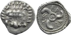 Greek Coins DYNASTS OF LYCIA. Wekhssere II (Circa 400-380 BC). 1/3 Stater. Tlos. Obv: Facing scalp of lion. Rev: Triskeles within incuse circle. Müseler -; SNG von Aulock 4201. Rare Condition: Good ve