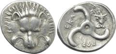 Greek Coins DYNASTS OF LYCIA. Perikles (Circa 380-360 BC). 1/3 Stater. Uncertain mint. Obv: Facing scalp of lion. Rev: Triskeles; to upper right, head of Hermes facing slightly right, wearing winged p