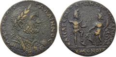 Roman Provincial Coins LYDIA. Bagis. Gallienus (253-268). Ae Medallion. Homonoia with Temenothyrae. Obv: AV KA ΠO ΛIK ΓAΛΛIHNOC. Laureate and cuirassed bust right. Rev: KAICAPЄΩN BAΓHNΩN THMЄNOΘVPЄΩN 