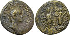 Roman Provincial Coins LYDIA. Magnesia ad Sipylum. Caligula with Germanicus & Agrippina I (37-41). Ae. Obv: ΓAION KAICAPA CЄBAOTON (sic). Radiate head of Caligula right. Rev: ΓЄPMANIKON KAI AΓPIΠΠINAN