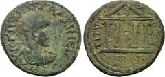 Roman Provincial Coins PISIDIA. Tityassus. Maximinus Thrax (235-238). Ae. Obv: AV K Γ IOV OV MAΞIMЄINOC ЄV. Laureate, draped and cuirassed bust right. Rev: TITVACCЄΩN. Tetrastyle temple, with serpent 
