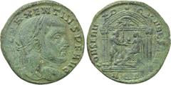 Roman Imperial Coins MAXENTIUS (307-312). Follis. Aquileia. Obv: IMP C MAXENTIVS P F AVG. Laureate head right. Rev: CONSERV VRB SVAE / AQΓ. Hexastyle temple, containing Roma seated right on throne, ho