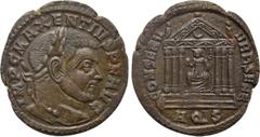 Roman Imperial Coins MAXENTIUS (307-312). Follis. Aquileia. Obv: IMP C MAXENTIVS P F AVG. Laureate head right. Rev: CONSERV VRB SVAE. Hexastyle temple, containing Roma seated right on throne, holding 