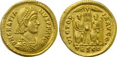 Roman Imperial Coins GRATIAN (367-383). GOLD Solidus. Thessalonica. Obv: D N GRATIANVS P F AVG. Diademed, draped and cuirassed bust right. Rev: VICTORIA AVGG• / TESOB. Valentinian I and Gratian seated