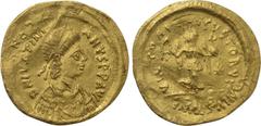 Byzantine Coins JUSTINIAN I (527-565). GOLD Tremissis. Constantinople. Obv: D N IVSTINIANVS P P AVG. Diademed, draped and cuirassed bust right. Rev: VICTORIA AVGVSTORVM / CONOB. Victory advancing righ
