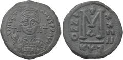 Byzantine Coins JUSTINIAN I (527-565). Follis. Cyzicus. Dated RY 24 (550/1). Obv: D N IVSTINIANVS P P AVG. Helmeted and cuirassed bust facing, holding globus cruciger and shield decorated with horsema
