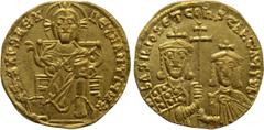Byzantine Coins BASIL I THE MACEDONIAN with CONSTANTINE (867-886). GOLD Solidus. Constantinople. Obv: + IҺS XPS RЄX RЄGNANTIЧM ✷. Christ Pantokrator seated facing on throne. Rev: ЬASILIOS ЄT COҺSTAҺT 