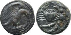 Greek Coins SICILY. Akragas. Ae Hexas (Circa 425-410 BC). Obv: AKPA. Eagle standing right, tearing at bird held in talons. Rev: Crab; pellet (mark of value) to left and right; two fish below. CNS I 63