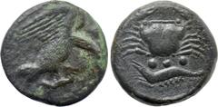 Greek Coins SICILY. Akragas. Ae Tetras or Trionkion (Circa 425-410 BC). Obv: AKPA. Eagle standing right, tearing at hare held in talons. Rev: Crab; below, three pellets (mark of value) above crayfish 