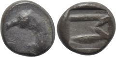 Greek Coins SIKYONIA. Sikyon. Tetartemorion (Circa 500/490-450 BC). Obv: Head of dove left. Rev: Large vertical letter san within incuse rectangle. BCD Peloponessos 161; HGC 5, 251. Extremely rare Con