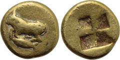 Greek Coins MYSIA. Kyzikos. EL 1/24 Stater (Circa 500-450 BC). Obv: Bull kneeling left on tunny left. Rev: Quadripartite incuse square. Cf. Nomisma VII 89 (stater, hekte & 1/12 stater); SNG BN -; Bost