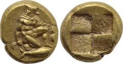 Greek Coins MYSIA. Kyzikos. EL Hemihekte (5th-4th centuries BC). Obv: Perseus kneeling right, head left, holding harpa and severed head of the Medusa; below, tunny right. Rev: Quadripartite incuse squ
