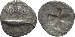 Greek Coins MYSIA. Kyzikos. Tetartemorion (Circa 550-480 BC). Obv: Tunny right. Rev: Quadripartite incuse square. Cf. SNG von Aulock 7328 (tunny left; obol); cf. Klein 261 (same); cf. Rosen 521 (hemio
