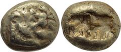 Greek Coins KINGS OF LYDIA. Alyattes (Circa 620/10-564/53 BC). EL Hekte. Sardes. Obv: Head of roaring lion right, with star on forehead; inscription to right. Rev: Two incuse square punches. Traité I 