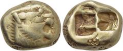 Greek Coins KINGS OF LYDIA. Time of Alyattes to Kroisos (Circa 620/10-550/39 BC). EL Trite or 1/3 Stater. Sardes. Obv: Head of roaring lion right, with star on forehead. Rev: Two incuse square punches