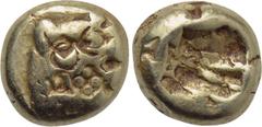 Greek Coins KINGS OF LYDIA. Time of Alyattes to Kroisos (Circa 620/10-550/39 BC). EL Hemihekte. Sardes. Obv: Head of roaring lion right, with star on forehead. Rev: Incuse square punch. Weidauer 90; T