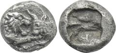 Greek Coins KINGS OF LYDIA. Kroisos (Circa 564/53-550/39 BC). 1/12 Stater. Sardes. Obv: Confronted foreparts of lion and bull. Rev: Incuse square punch. Berk 26-7; Traité I 413; SNG Kayhan I 1020-1. C