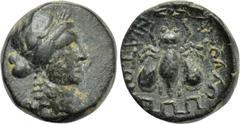 Greek Coins LYDIA. Tripolis (as Apollonia). Ae (2nd-1st centuries BC). Obv: Laureate head of Apollo right. Rev: AΠΟΛΛΩΝΙΑΤΩΝ. Bee; maeander pattern below. Imhoof-Blumer KM, p. 188, 1; Gitbud & Naumann