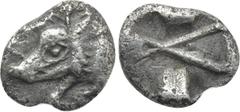 Greek Coins DYNASTS OF LYCIA. Uncertain dynast (Circa 500-480 BC). Obol. Uncertain mint. Obv: Forepart of boar left. Rev: Incuse square divided by crossing lines. Müseler I.15 = M&M Deutschland 30, lo