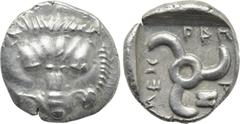 Greek Coins DYNASTS OF LYCIA. Mithrapata (Circa 390-370 BC). Diobol. Uncertain mint. Obv: Facing scalp of lion. Rev: Triskeles; astragalos in field; all within incuse square. Müseler VII.81-3; SNG von