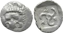 Greek Coins DYNASTS OF LYCIA. Mithrapata (Circa 390-370 BC). Diobol. Uncertain mint. Obv: Facing scalp of lion. Rev: Triskeles within incuse square. Müseler VII.91-2; SNG Copenhagen Supp. 476. Conditi