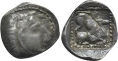 Greek Coins CYPRUS. Kition. Uncertain king (Circa 5th century BC). Hemiobol. Obv: Head of Herakles right, wearing lion skin. Rev: Lion right, attacking stag right; all within linear border. Cf. BMC 57